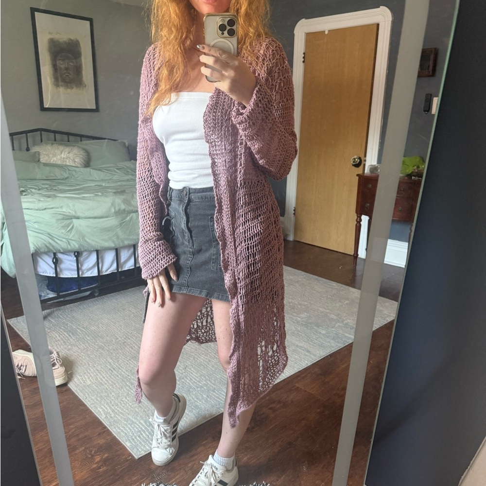 Women's Pink Open-Knit Sweater Cardigan